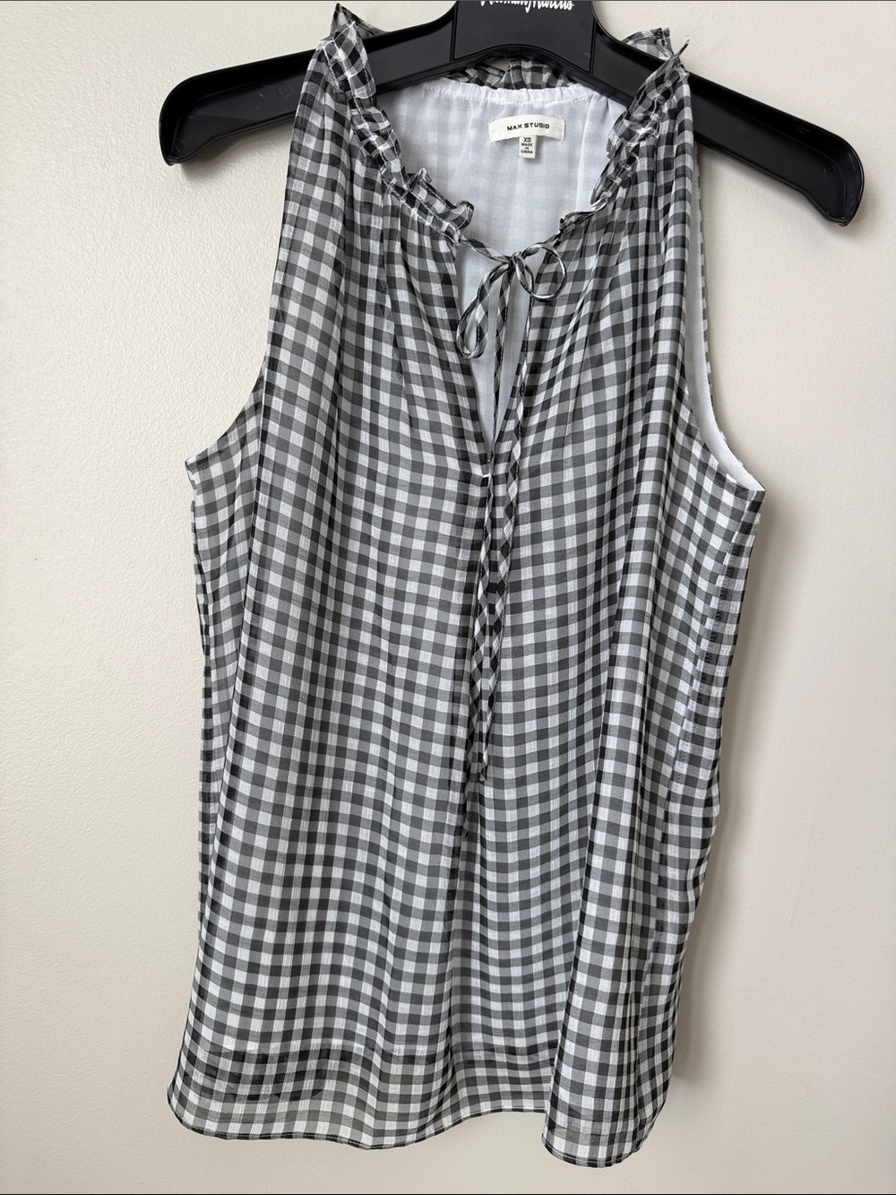Max Studio Black and White Gingham Sleeveless Tie-Neck Top
